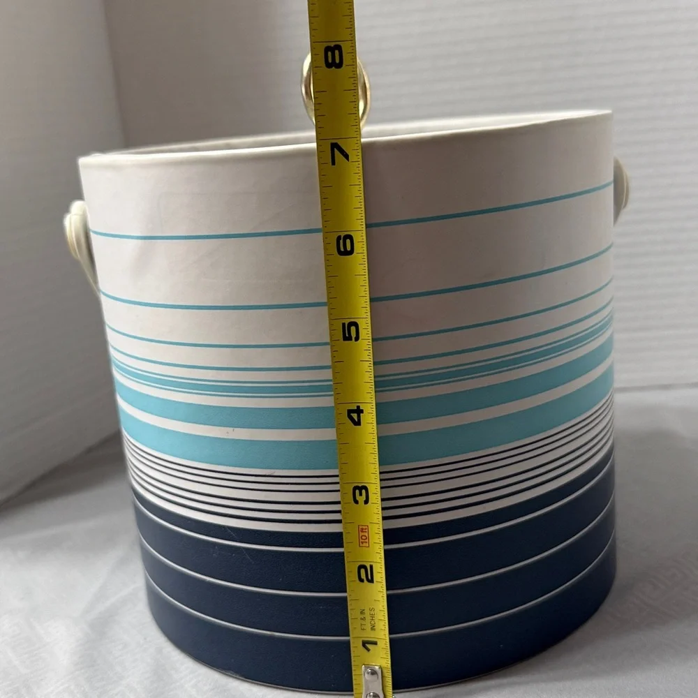 Vintage Ice Bucket 4 Glasses 4 Coasters Tongs Set in Aqua, Navy & White Stripes